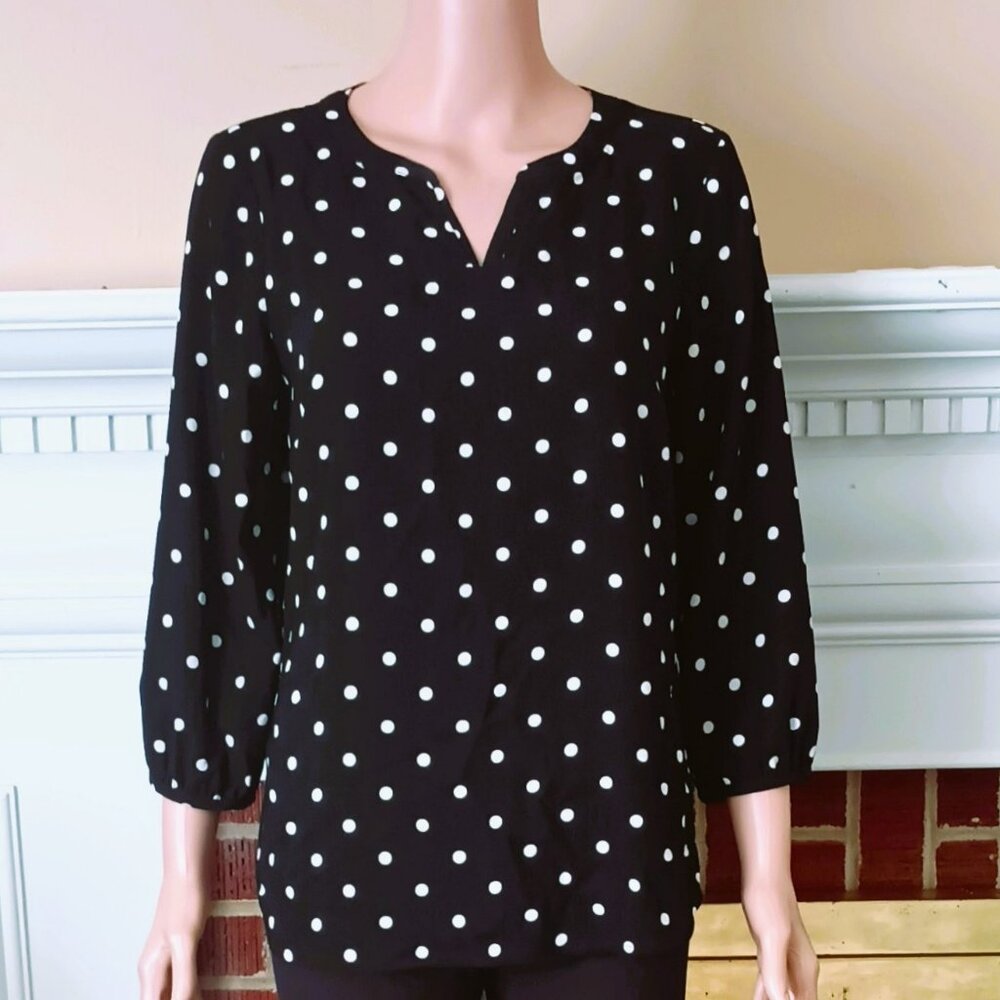 Talbots Black Polka Dot Top MP  Slit Neck 3/4 Sleeve Black & White Blouse